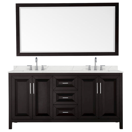 Wyndham Collection Daria 72" Double Bathroom Vanity in Dark Espresso, Giotto Quartz Countertop, Undermount Square Sinks (3-Hole), Polished Chrome Trim, 70" Mirror