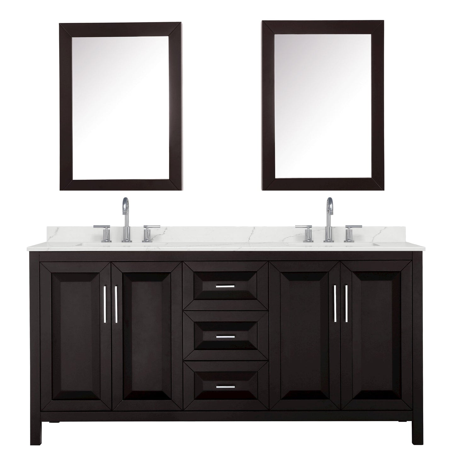 Wyndham Collection Daria 72" Double Bathroom Vanity in Dark Espresso, Giotto Quartz Countertop, Undermount Square Sinks (3-Hole), Polished Chrome Trim, Medicine Cabinets