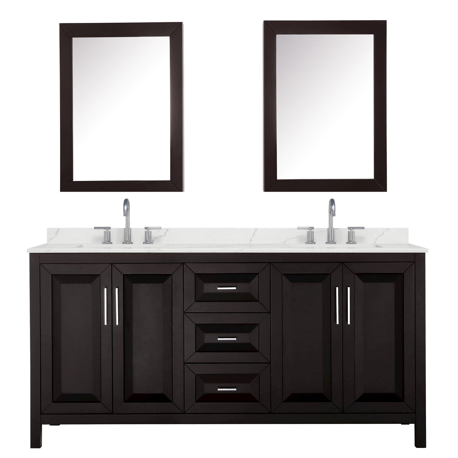 Wyndham Collection Daria 72" Double Bathroom Vanity in Dark Espresso, Giotto Quartz Countertop, Undermount Square Sinks (3-Hole), Polished Chrome Trim, Medicine Cabinets