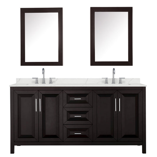 Wyndham Collection Daria 72" Double Bathroom Vanity in Dark Espresso, Giotto Quartz Countertop, Undermount Square Sinks (3-Hole), Polished Chrome Trim, Medicine Cabinets