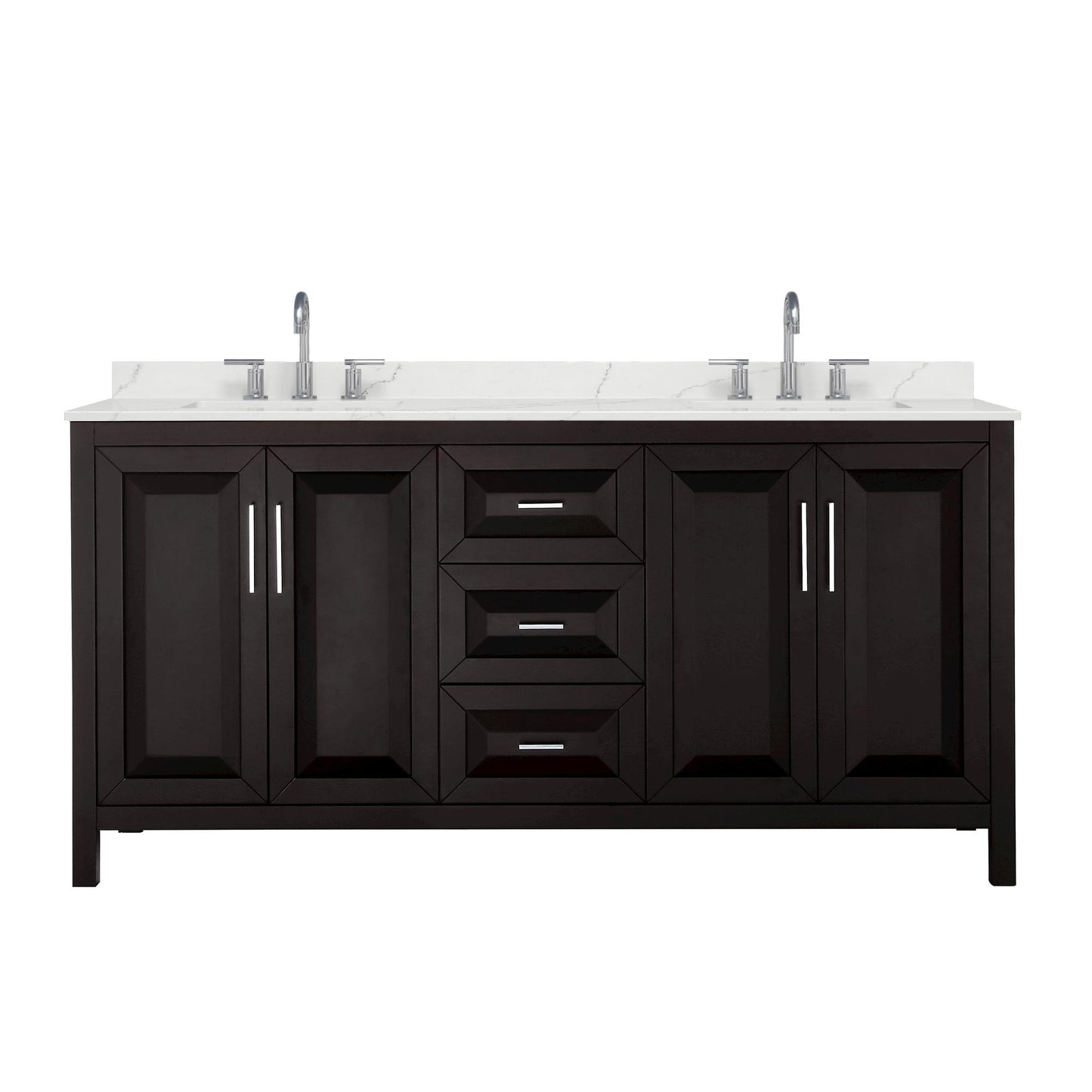 Wyndham Collection Daria 72" Double Bathroom Vanity in Dark Espresso, Giotto Quartz Countertop, Undermount Square Sinks (3-Hole), Polished Chrome Trim