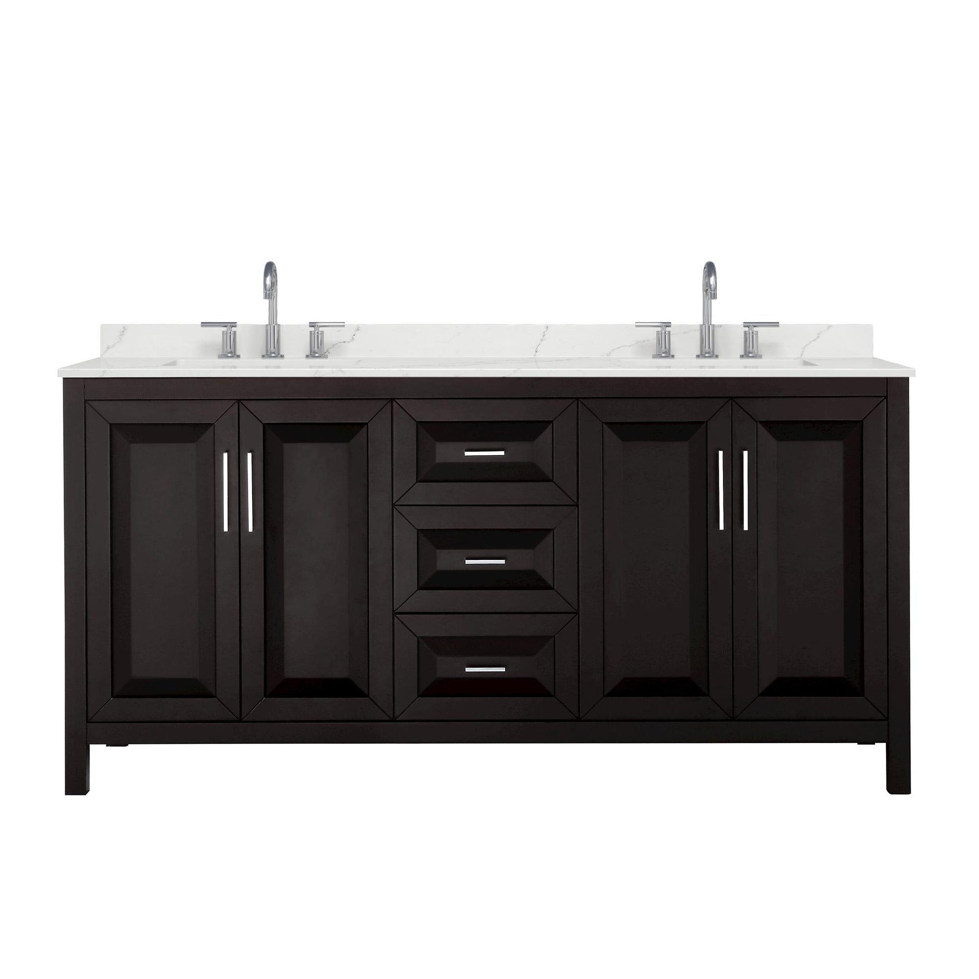 Wyndham Collection Daria 72" Double Bathroom Vanity in Dark Espresso, Giotto Quartz Countertop, Undermount Square Sinks (3-Hole), Polished Chrome Trim