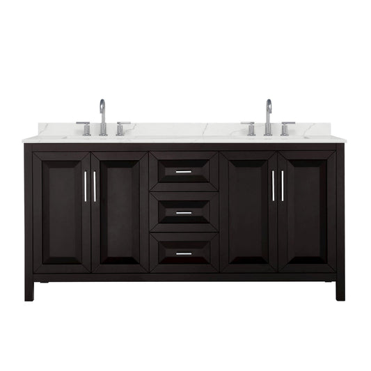 Wyndham Collection Daria 72" Double Bathroom Vanity in Dark Espresso, Giotto Quartz Countertop, Undermount Square Sinks (3-Hole), Polished Chrome Trim