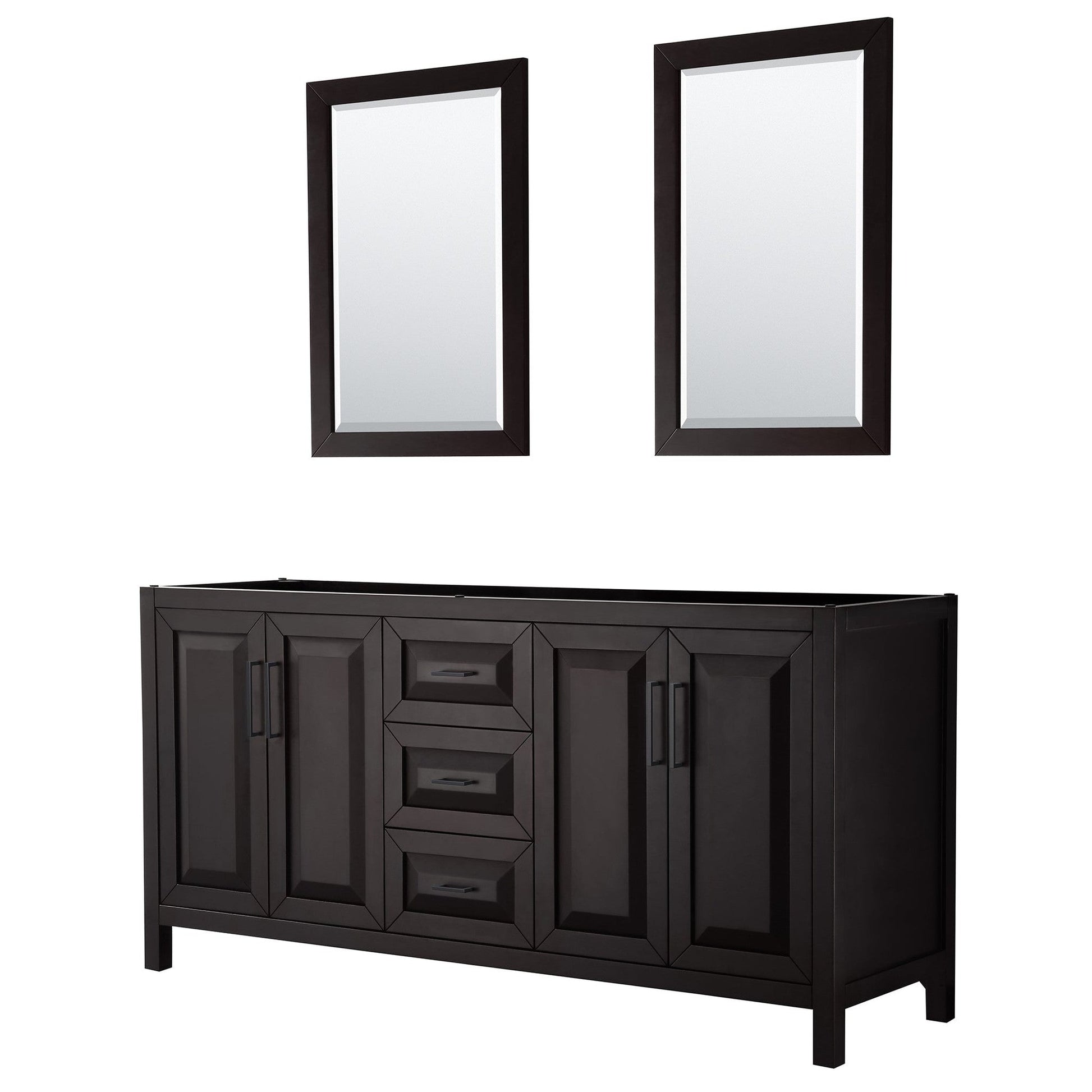 Wyndham Collection Daria 72" Double Bathroom Vanity in Dark Espresso, No Countertop, No Sink, Matte Black Trim, 24" Mirrors