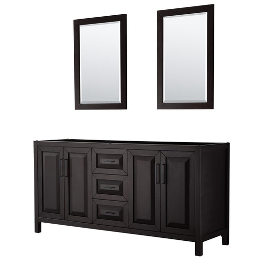 Wyndham Collection Daria 72" Double Bathroom Vanity in Dark Espresso, No Countertop, No Sink, Matte Black Trim, 24" Mirrors