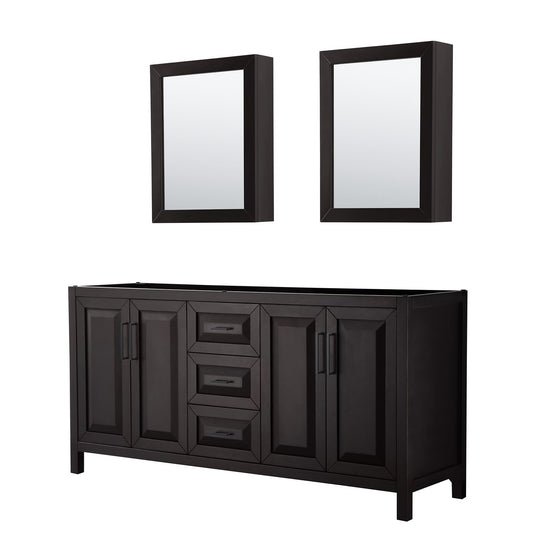 Wyndham Collection Daria 72" Double Bathroom Vanity in Dark Espresso, No Countertop, No Sink, Matte Black Trim, Medicine Cabinets