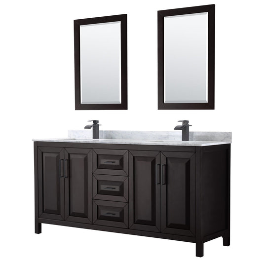 Wyndham Collection Daria 72" Double Bathroom Vanity in Dark Espresso, White Carrara Marble Countertop, Undermount Square Sinks, Matte Black Trim, 24" Mirrors