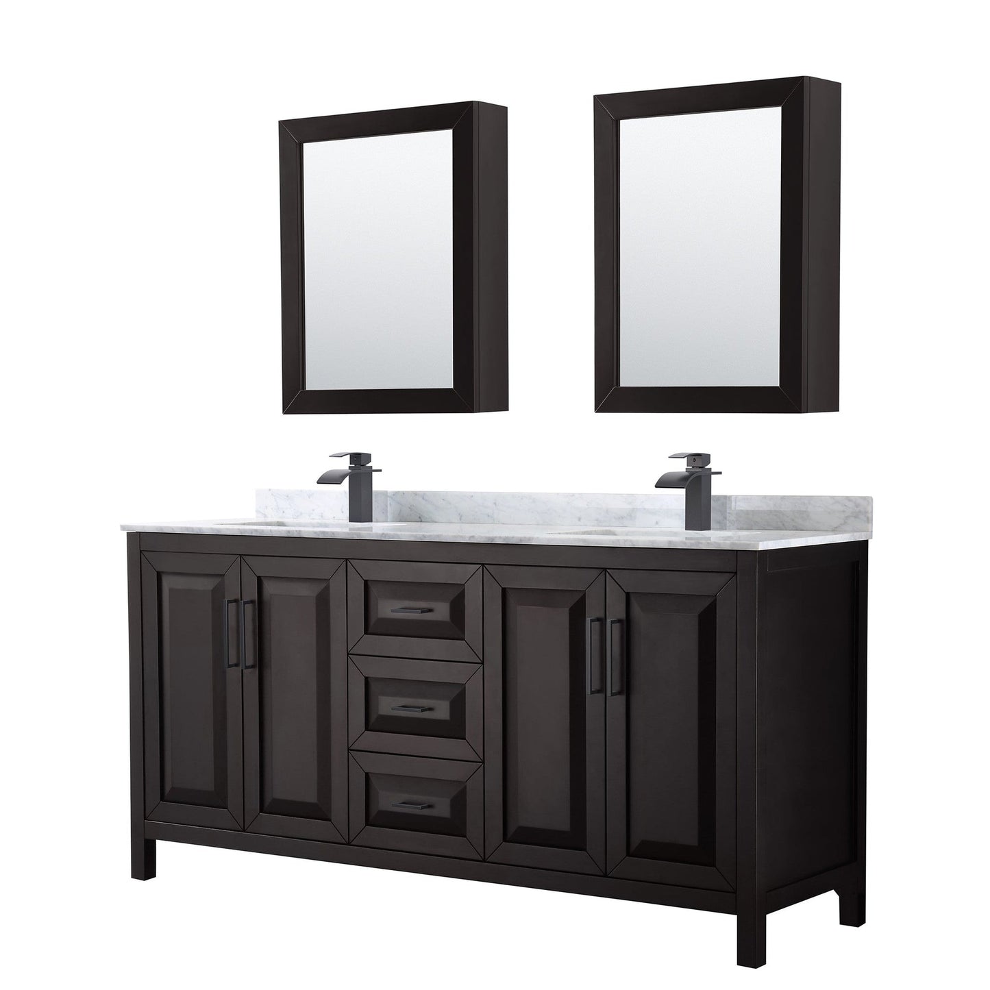 Wyndham Collection Daria 72" Double Bathroom Vanity in Dark Espresso, White Carrara Marble Countertop, Undermount Square Sinks, Matte Black Trim, Medicine Cabinets