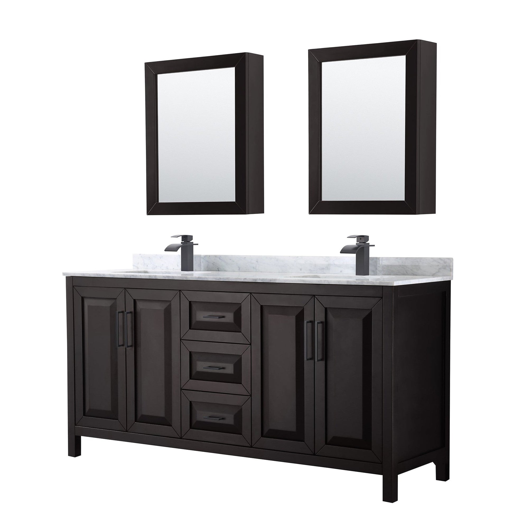 Wyndham Collection Daria 72" Double Bathroom Vanity in Dark Espresso, White Carrara Marble Countertop, Undermount Square Sinks, Matte Black Trim, Medicine Cabinets