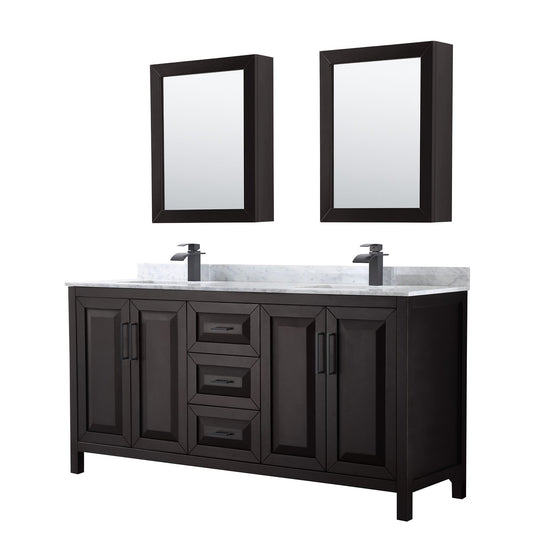 Wyndham Collection Daria 72" Double Bathroom Vanity in Dark Espresso, White Carrara Marble Countertop, Undermount Square Sinks, Matte Black Trim, Medicine Cabinets