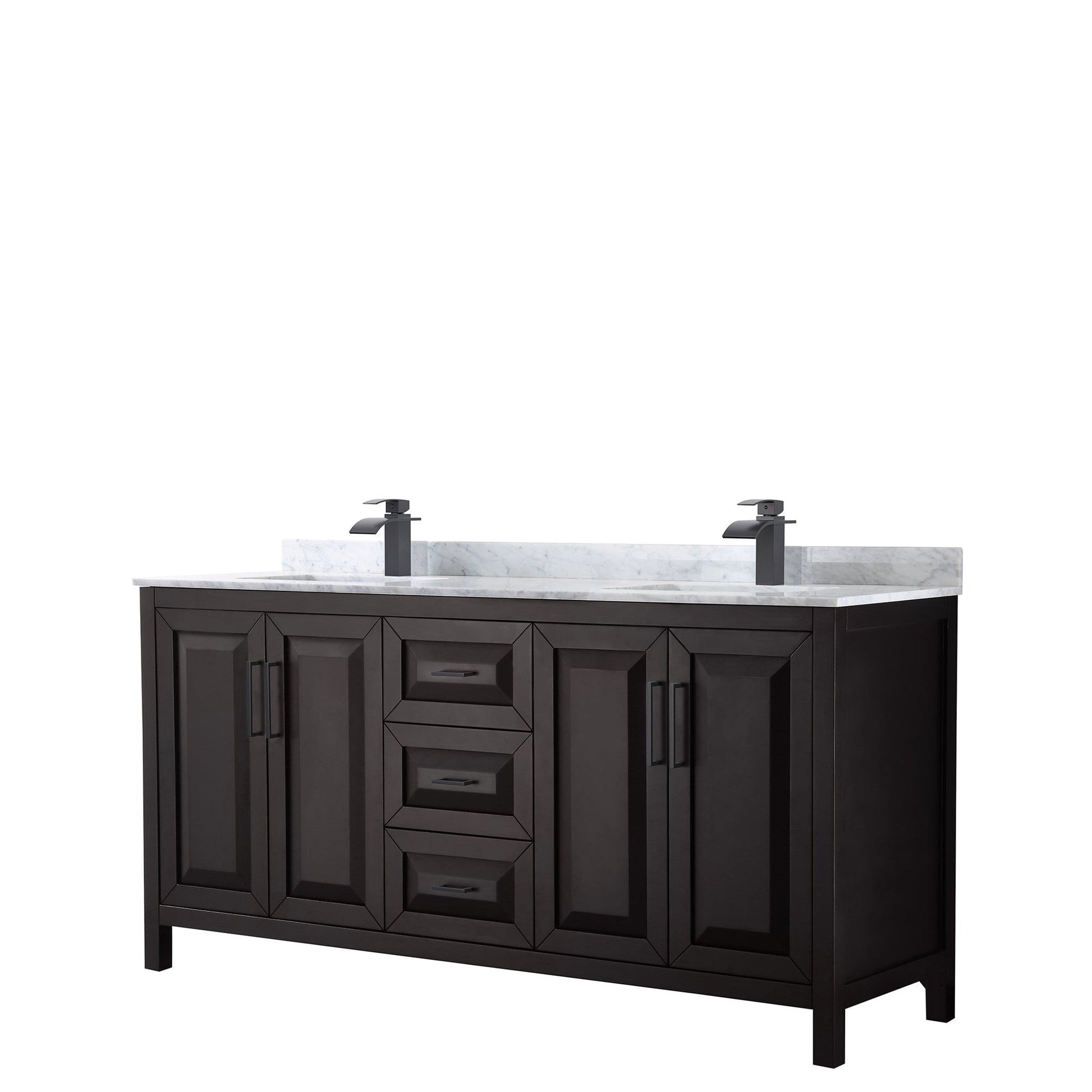 Wyndham Collection Daria 72" Double Bathroom Vanity in Dark Espresso, White Carrara Marble Countertop, Undermount Square Sinks, Matte Black Trim