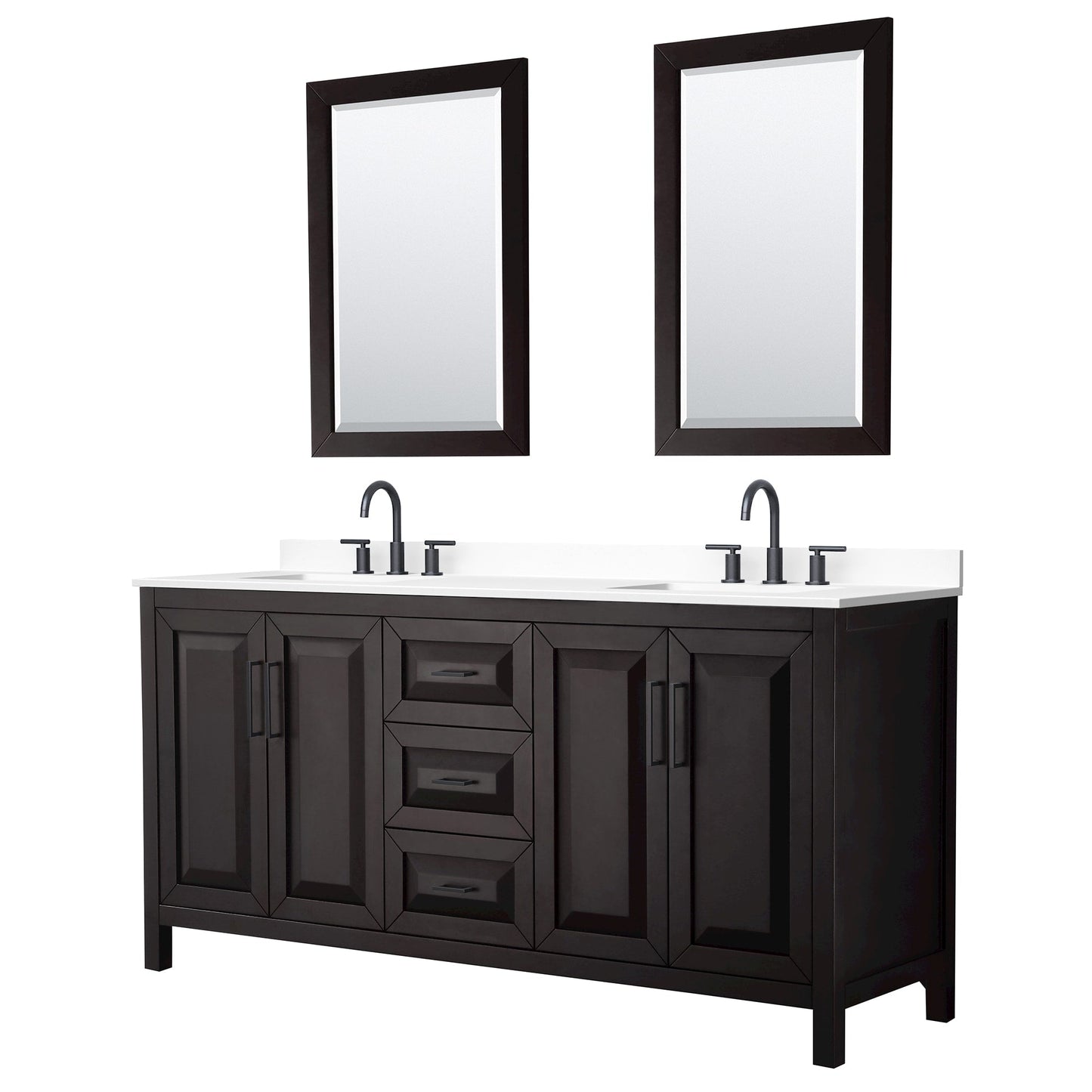 Wyndham Collection Daria 72" Double Bathroom Vanity in Dark Espresso, White Cultured Marble Countertop, Undermount Square Sinks (3-Hole), Matte Black Trim, 24" Mirrors