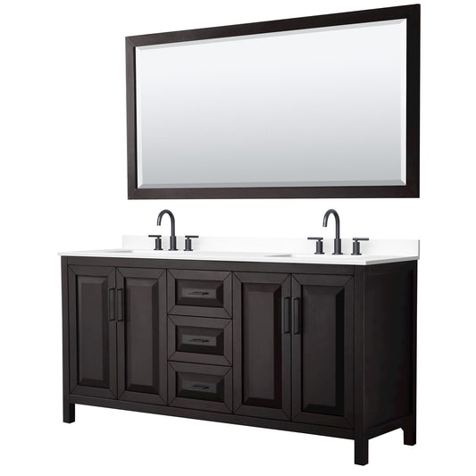 Wyndham Collection Daria 72" Double Bathroom Vanity in Dark Espresso, White Cultured Marble Countertop, Undermount Square Sinks (3-Hole), Matte Black Trim, 70" Mirror
