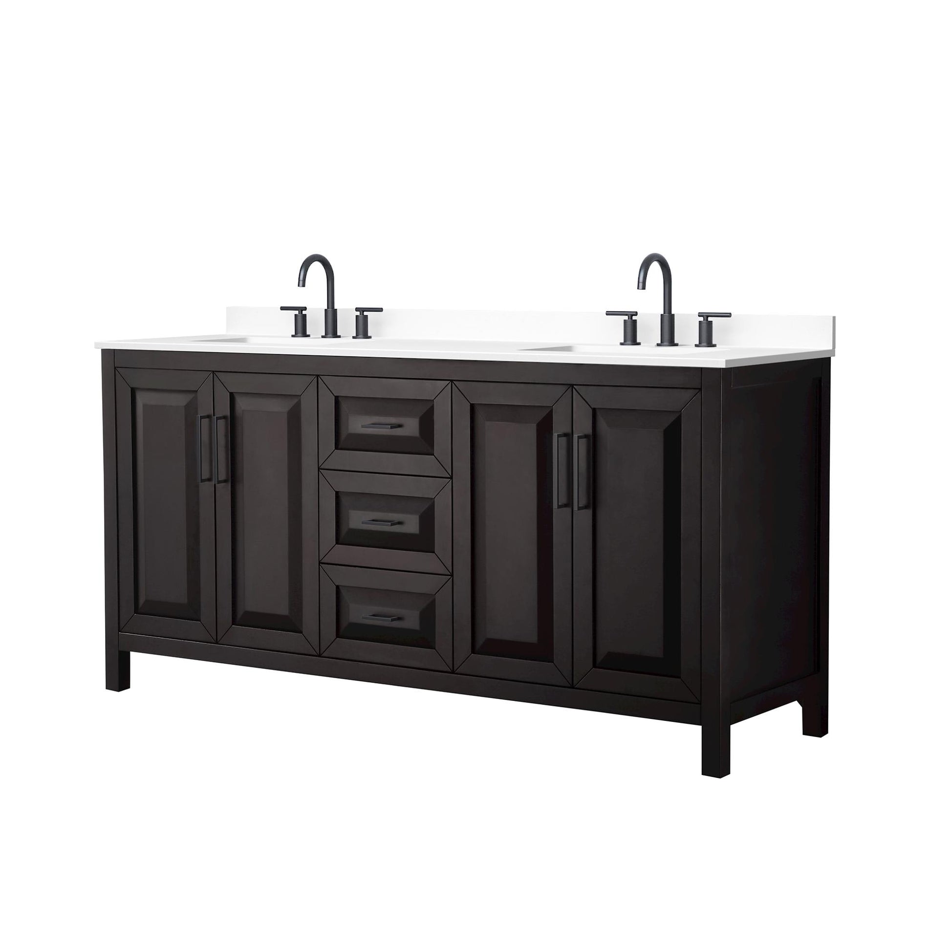 Wyndham Collection Daria 72" Double Bathroom Vanity in Dark Espresso, White Cultured Marble Countertop, Undermount Square Sinks (3-Hole), Matte Black Trim