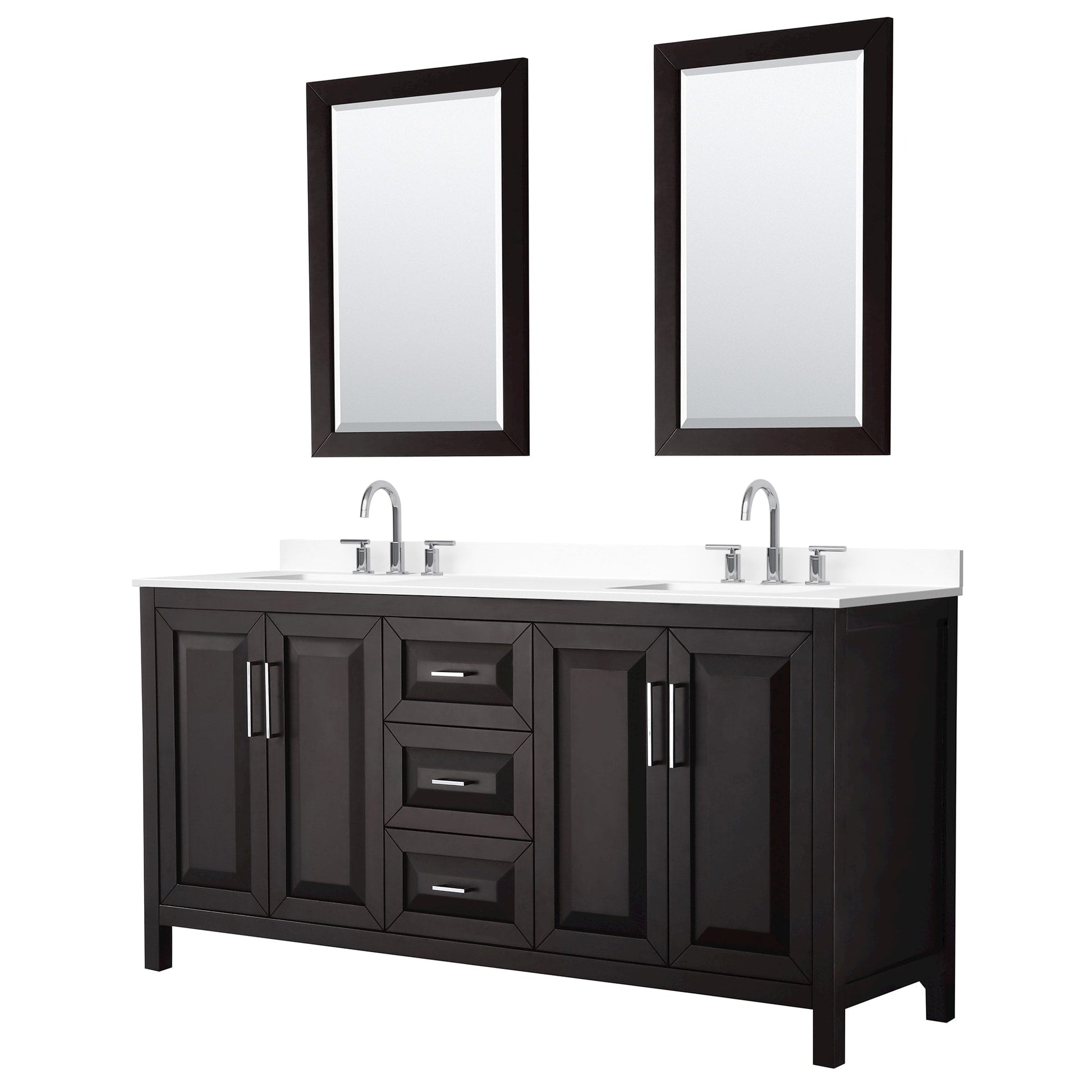 Wyndham Collection Daria 72" Double Bathroom Vanity in Dark Espresso, White Cultured Marble Countertop, Undermount Square Sinks (3-Hole), Polished Chrome Trim, 24" Mirrors