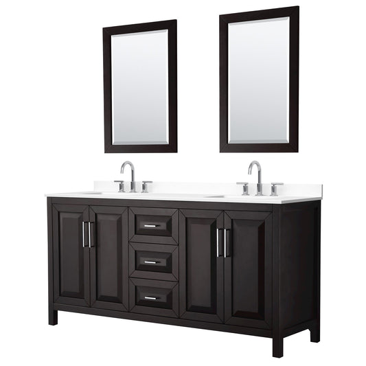 Wyndham Collection Daria 72" Double Bathroom Vanity in Dark Espresso, White Cultured Marble Countertop, Undermount Square Sinks (3-Hole), Polished Chrome Trim, 24" Mirrors