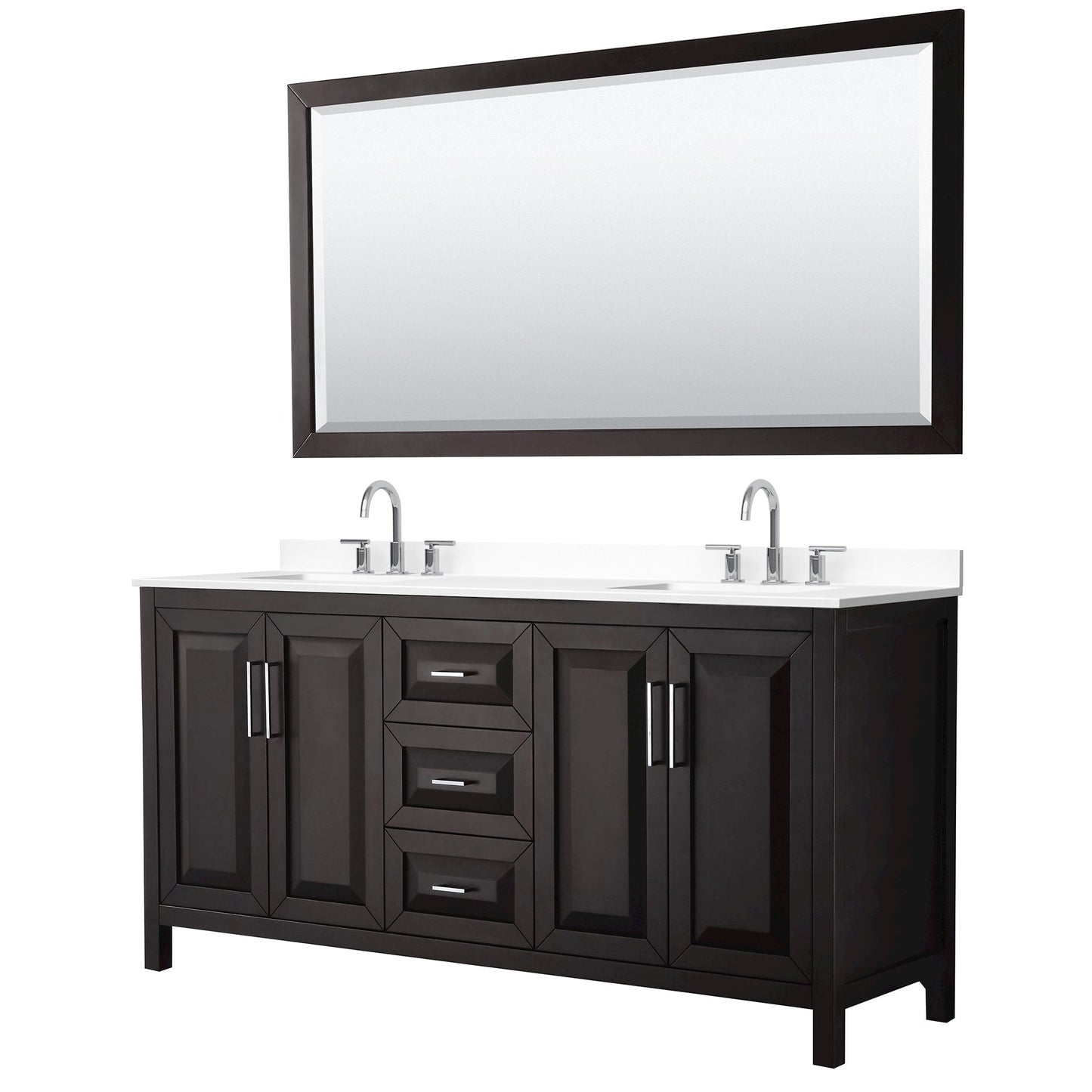 Wyndham Collection Daria 72" Double Bathroom Vanity in Dark Espresso, White Cultured Marble Countertop, Undermount Square Sinks (3-Hole), Polished Chrome Trim, 70" Mirror
