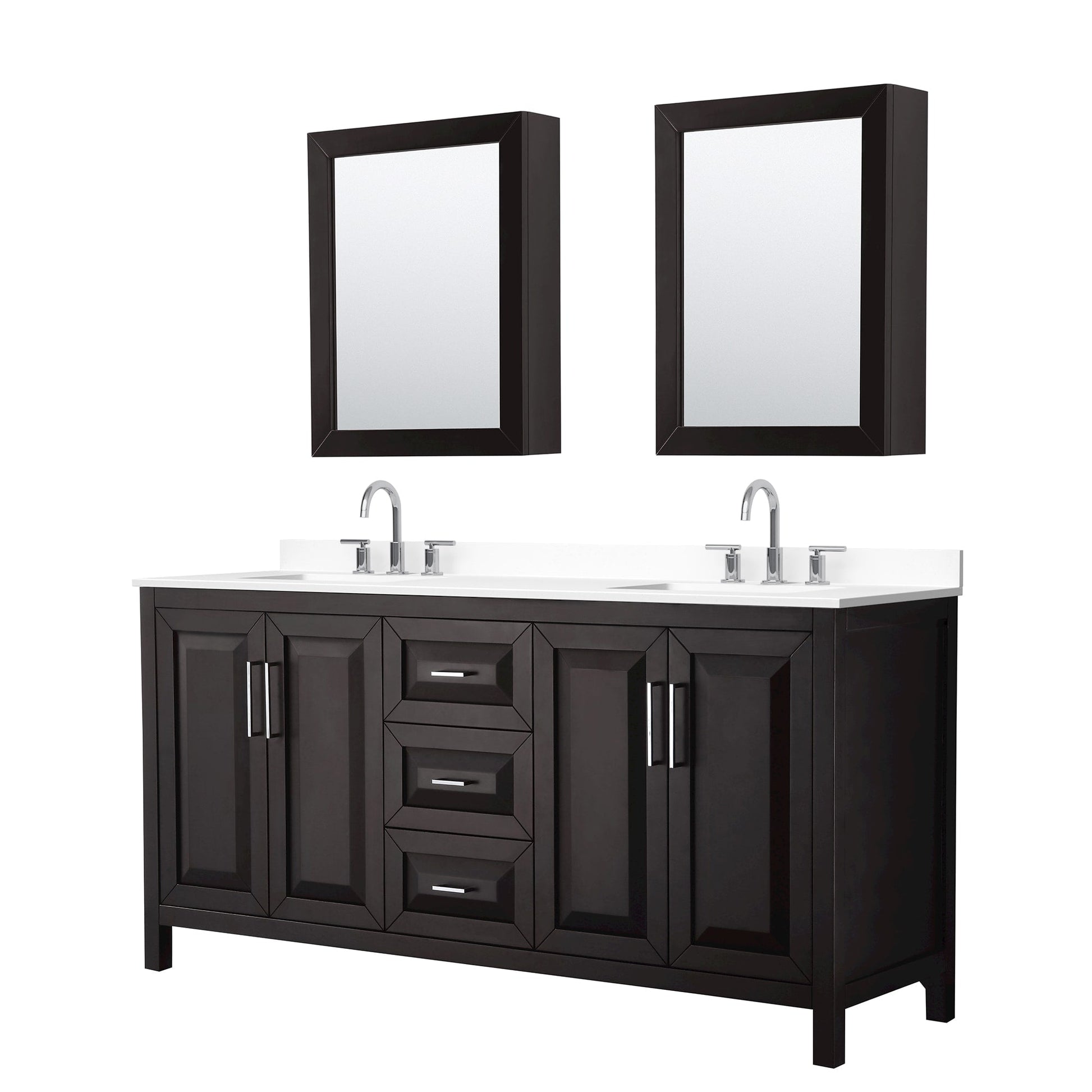 Wyndham Collection Daria 72" Double Bathroom Vanity in Dark Espresso, White Cultured Marble Countertop, Undermount Square Sinks (3-Hole), Polished Chrome Trim, Medicine Cabinets