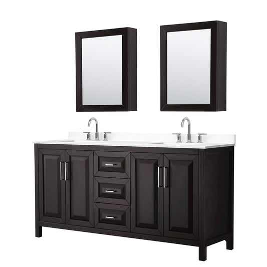 Wyndham Collection Daria 72" Double Bathroom Vanity in Dark Espresso, White Cultured Marble Countertop, Undermount Square Sinks (3-Hole), Polished Chrome Trim, Medicine Cabinets