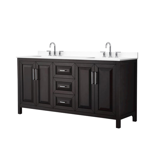 Wyndham Collection Daria 72" Double Bathroom Vanity in Dark Espresso, White Cultured Marble Countertop, Undermount Square Sinks (3-Hole), Polished Chrome Trim