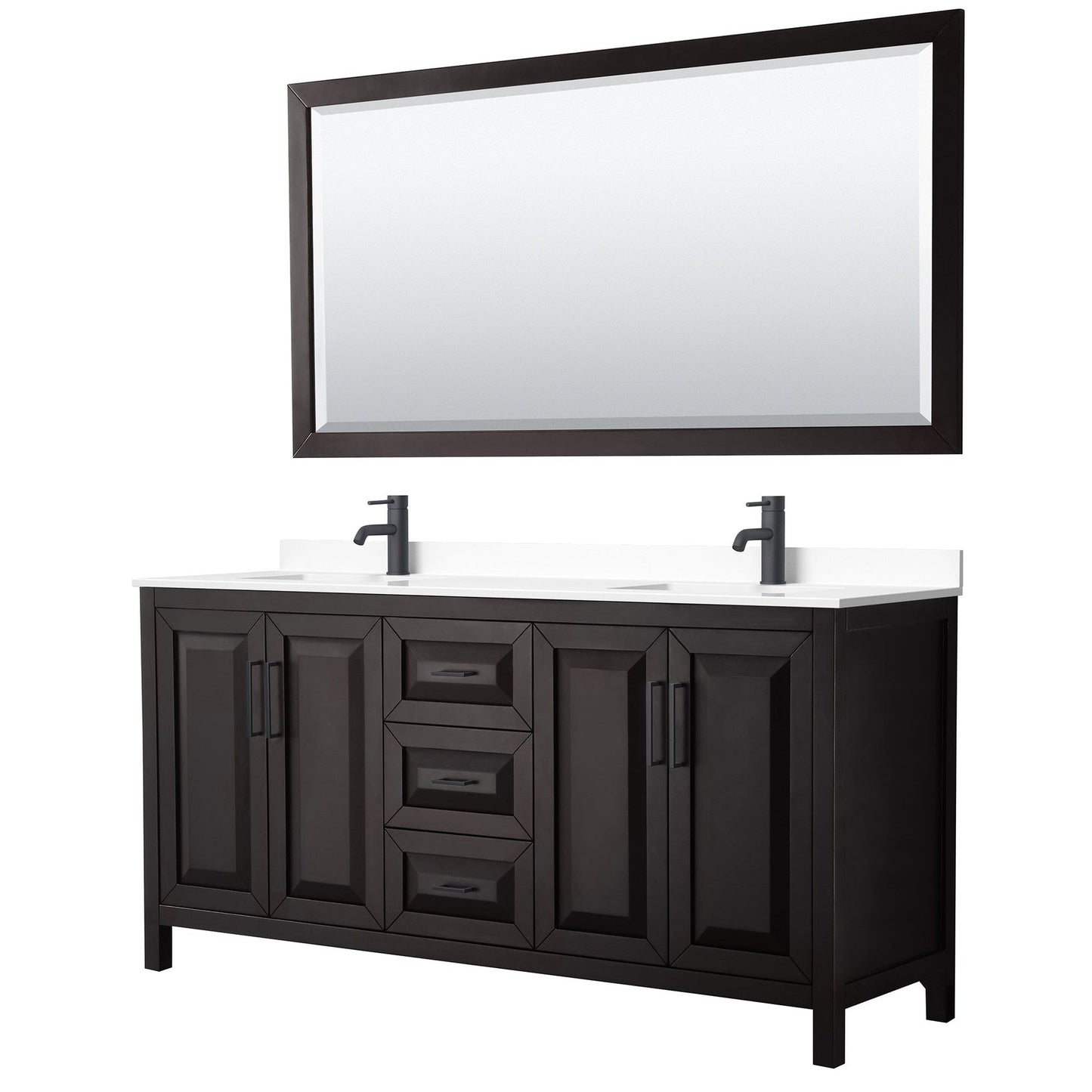 Wyndham Collection Daria 72" Double Bathroom Vanity in Dark Espresso, White Cultured Marble Countertop, Undermount Square Sinks, Matte Black Trim, 70" Mirror