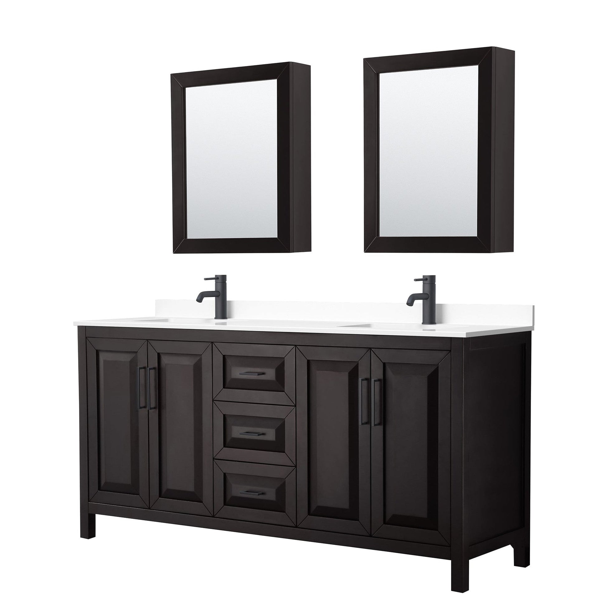 Wyndham Collection Daria 72" Double Bathroom Vanity in Dark Espresso, White Cultured Marble Countertop, Undermount Square Sinks, Matte Black Trim, Medicine Cabinets
