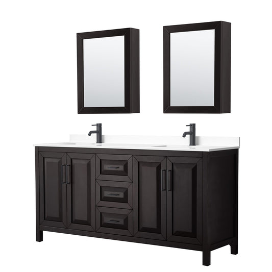 Wyndham Collection Daria 72" Double Bathroom Vanity in Dark Espresso, White Cultured Marble Countertop, Undermount Square Sinks, Matte Black Trim, Medicine Cabinets