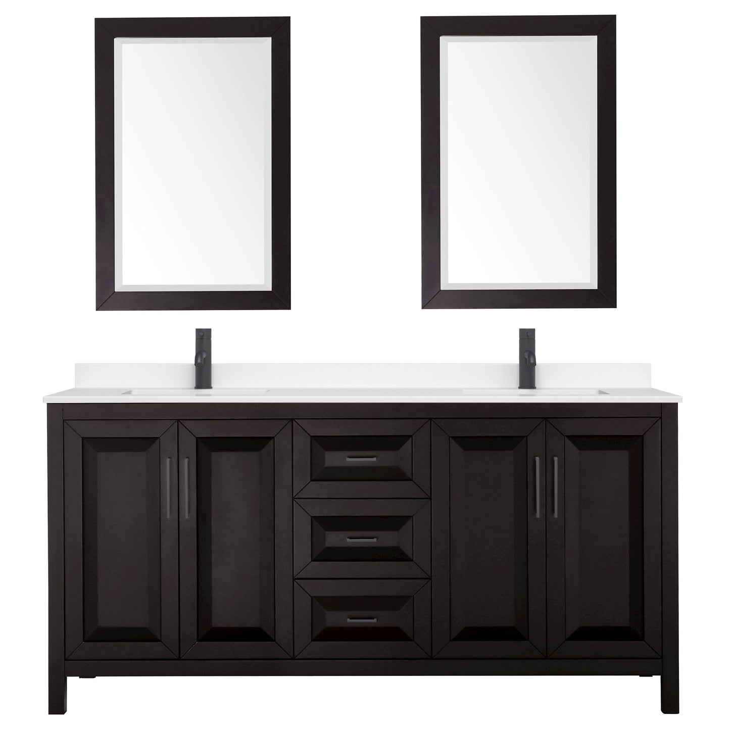 Wyndham Collection Daria 72" Double Bathroom Vanity in Dark Espresso, White Quartz Countertop, Undermount Square Sinks (1-Hole), Matte Black Trim, 24" Mirrors