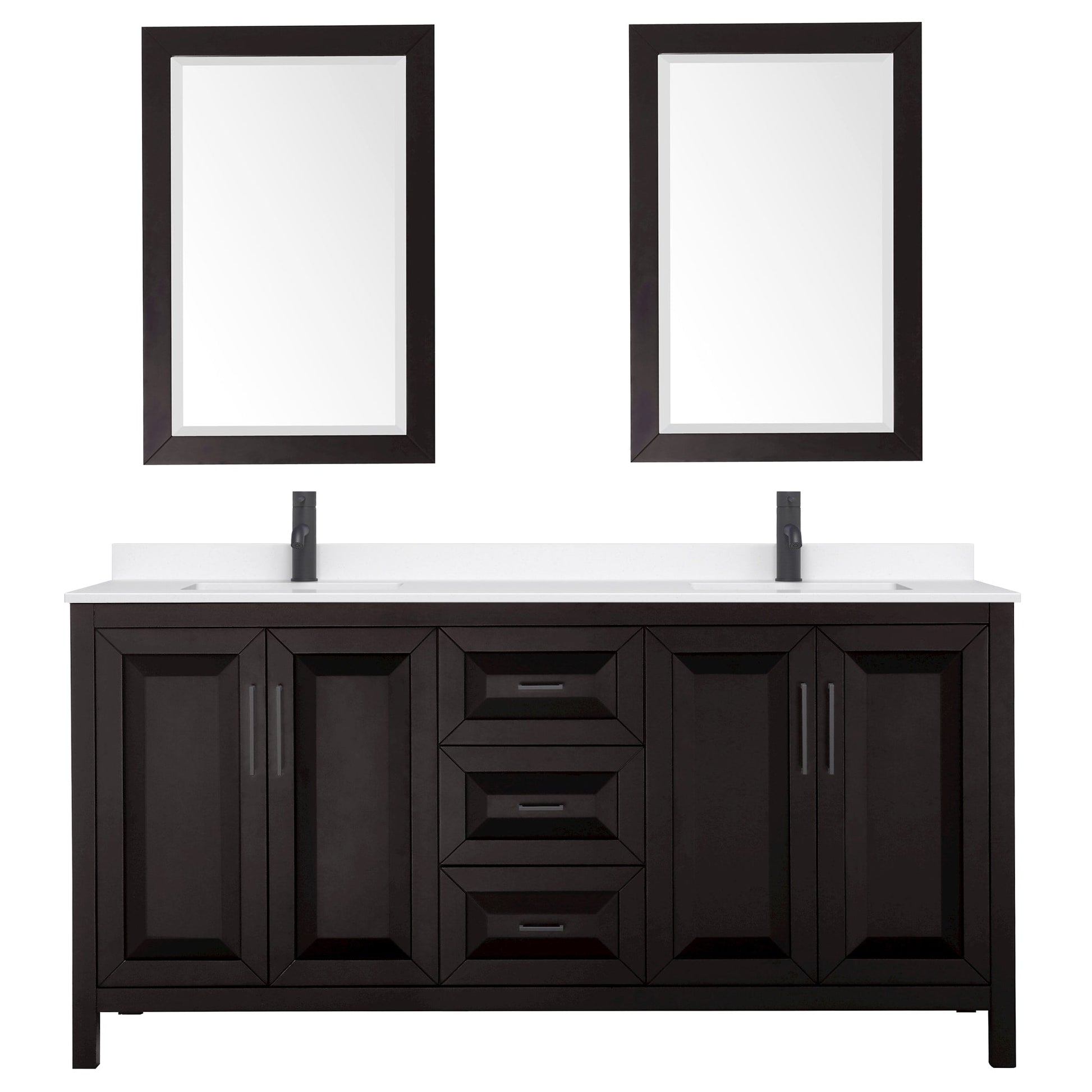 Wyndham Collection Daria 72" Double Bathroom Vanity in Dark Espresso, White Quartz Countertop, Undermount Square Sinks (1-Hole), Matte Black Trim, 24" Mirrors