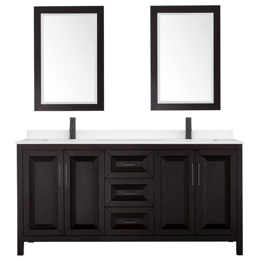 Wyndham Collection Daria 72" Double Bathroom Vanity in Dark Espresso, White Quartz Countertop, Undermount Square Sinks (1-Hole), Matte Black Trim, 24" Mirrors