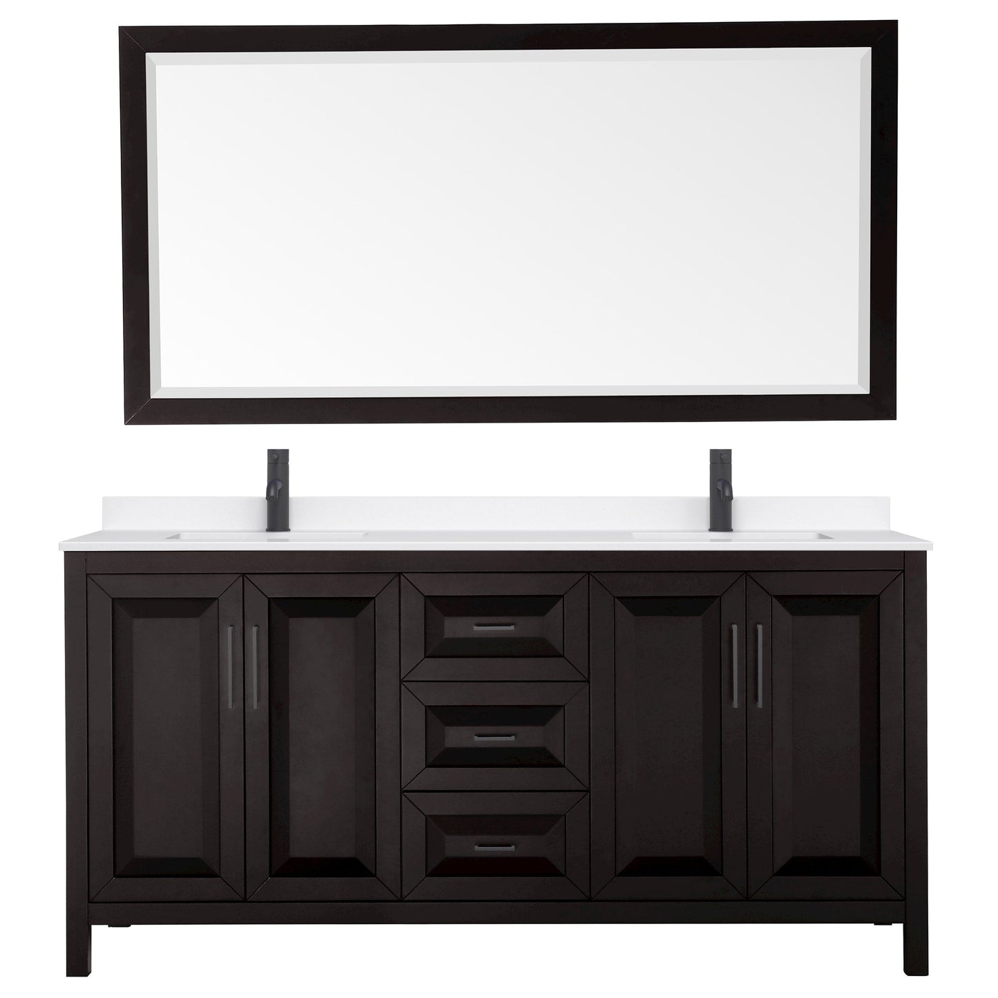 Wyndham Collection Daria 72" Double Bathroom Vanity in Dark Espresso, White Quartz Countertop, Undermount Square Sinks (1-Hole), Matte Black Trim, 70" Mirror
