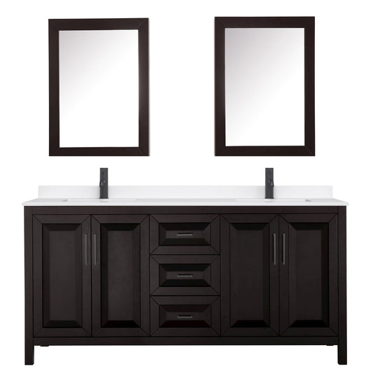 Wyndham Collection Daria 72" Double Bathroom Vanity in Dark Espresso, White Quartz Countertop, Undermount Square Sinks (1-Hole), Matte Black Trim, Medicine Cabinets