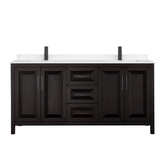Wyndham Collection Daria 72" Double Bathroom Vanity in Dark Espresso, White Quartz Countertop, Undermount Square Sinks (1-Hole), Matte Black Trim