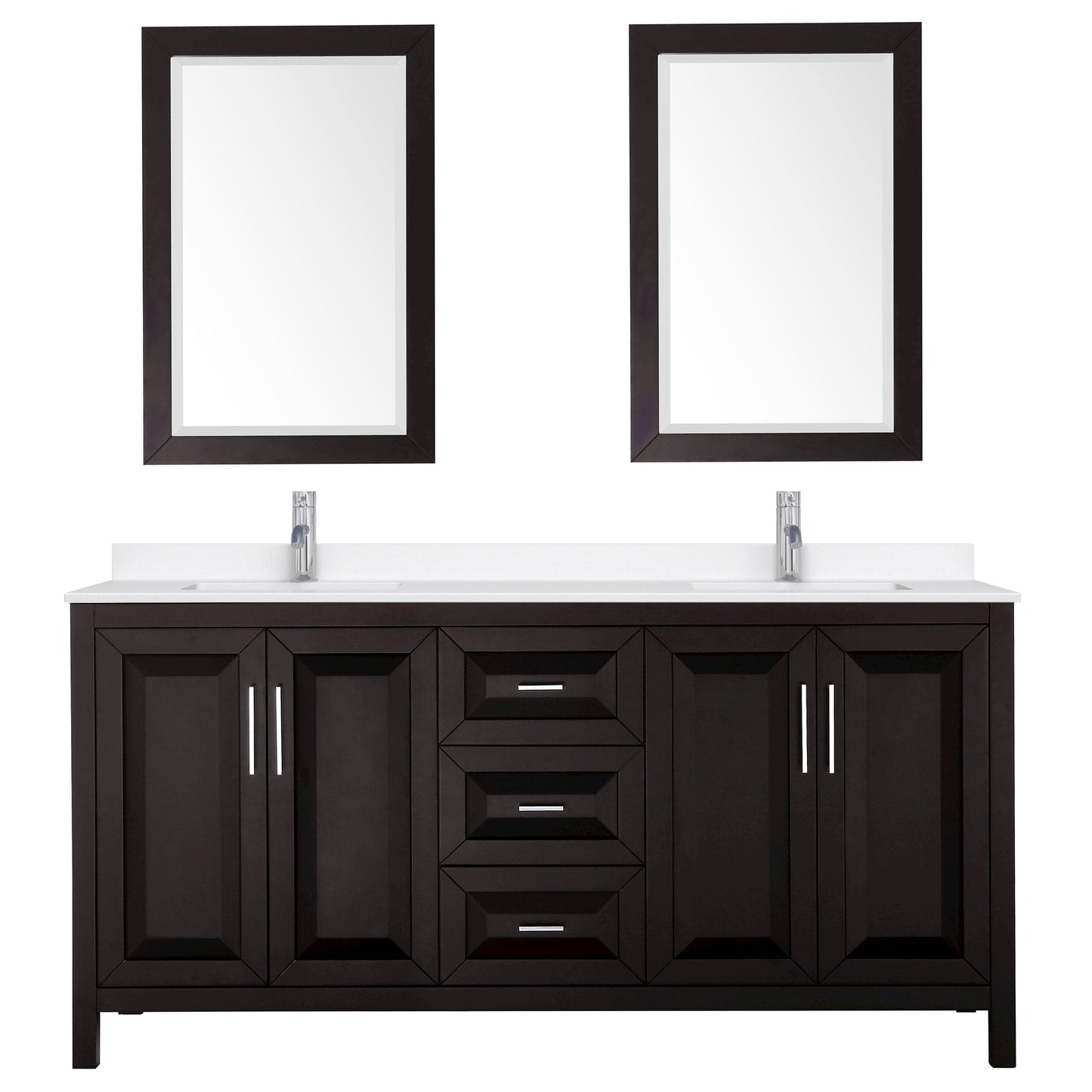 Wyndham Collection Daria 72" Double Bathroom Vanity in Dark Espresso, White Quartz Countertop, Undermount Square Sinks (1-Hole), Polished Chrome Trim, 24" Mirrors
