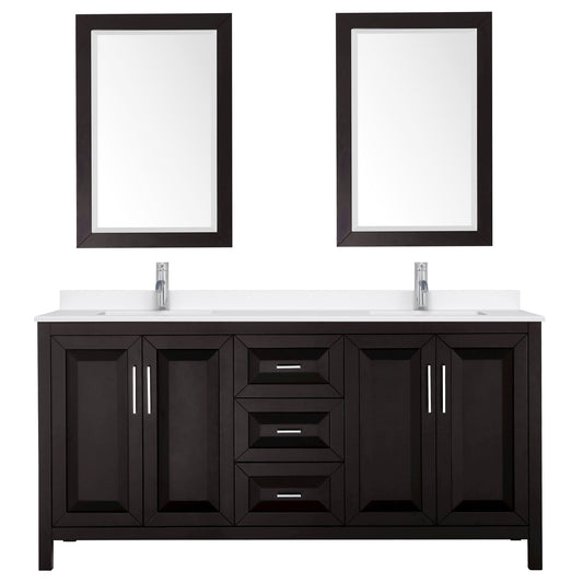 Wyndham Collection Daria 72" Double Bathroom Vanity in Dark Espresso, White Quartz Countertop, Undermount Square Sinks (1-Hole), Polished Chrome Trim, 24" Mirrors