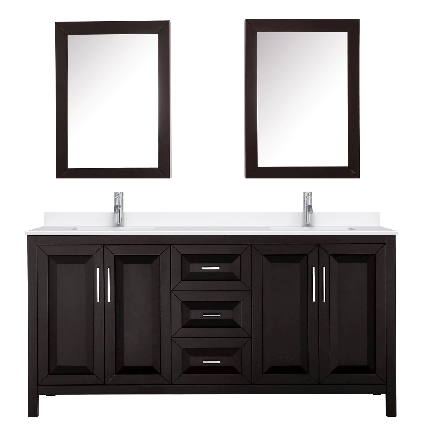 Wyndham Collection Daria 72" Double Bathroom Vanity in Dark Espresso, White Quartz Countertop, Undermount Square Sinks (1-Hole), Polished Chrome Trim, Medicine Cabinets