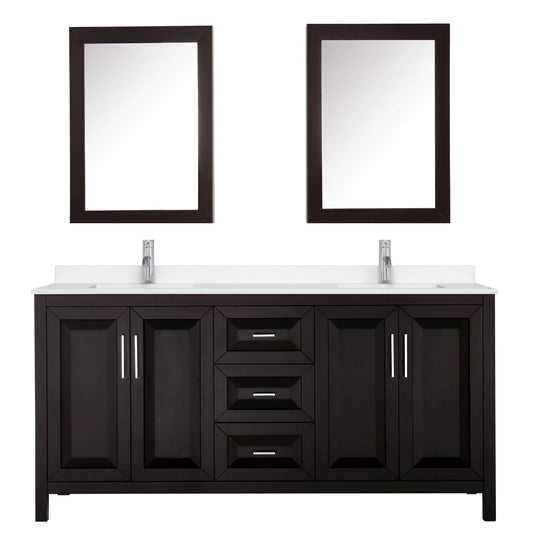 Wyndham Collection Daria 72" Double Bathroom Vanity in Dark Espresso, White Quartz Countertop, Undermount Square Sinks (1-Hole), Polished Chrome Trim, Medicine Cabinets