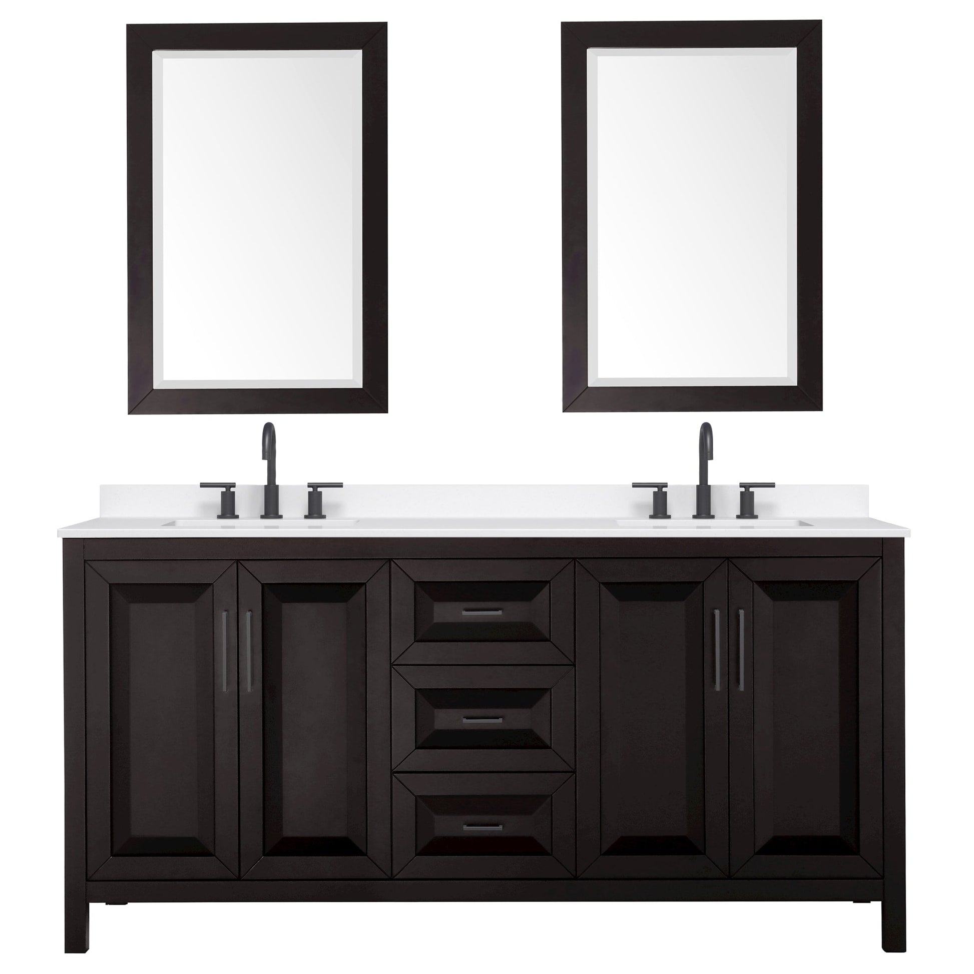Wyndham Collection Daria 72" Double Bathroom Vanity in Dark Espresso, White Quartz Countertop, Undermount Square Sinks (3-Hole), Matte Black Trim, 24" Mirrors