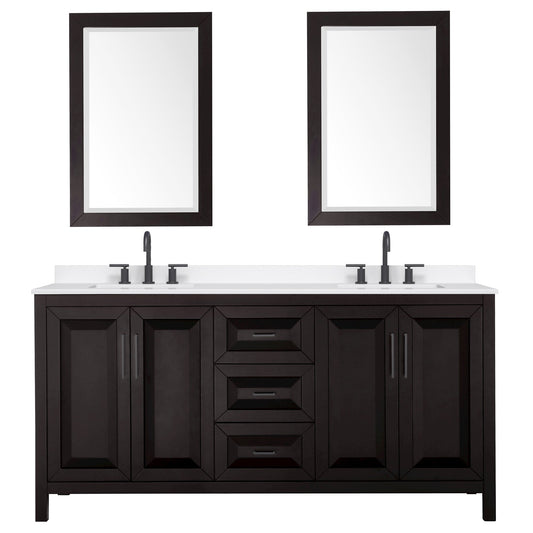 Wyndham Collection Daria 72" Double Bathroom Vanity in Dark Espresso, White Quartz Countertop, Undermount Square Sinks (3-Hole), Matte Black Trim, 24" Mirrors