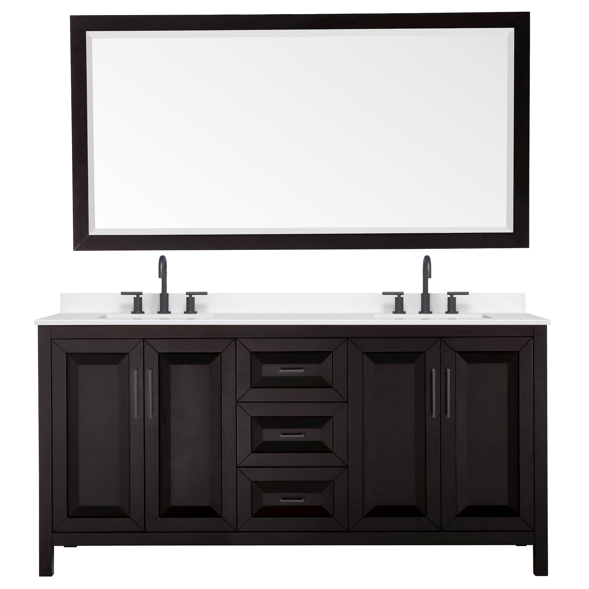 Wyndham Collection Daria 72" Double Bathroom Vanity in Dark Espresso, White Quartz Countertop, Undermount Square Sinks (3-Hole), Matte Black Trim, 70" Mirror