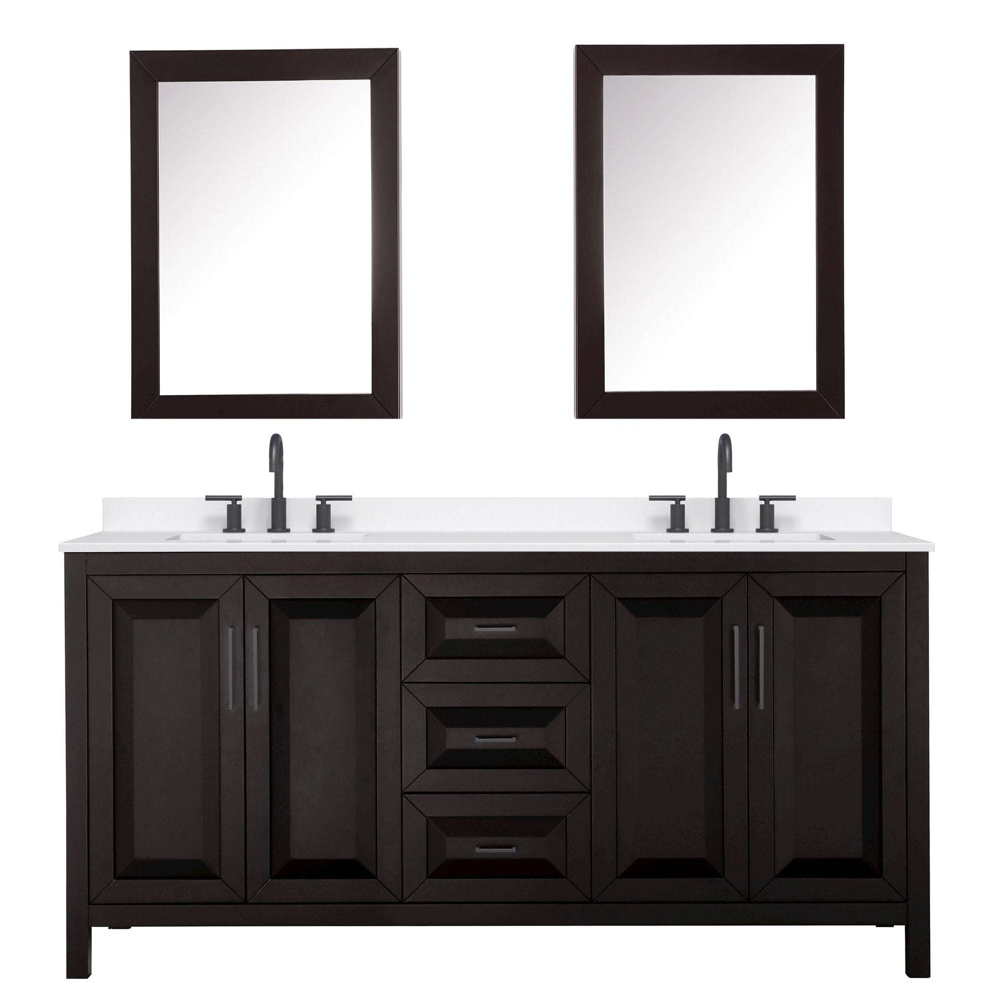 Wyndham Collection Daria 72" Double Bathroom Vanity in Dark Espresso, White Quartz Countertop, Undermount Square Sinks (3-Hole), Matte Black Trim, Medicine Cabinets