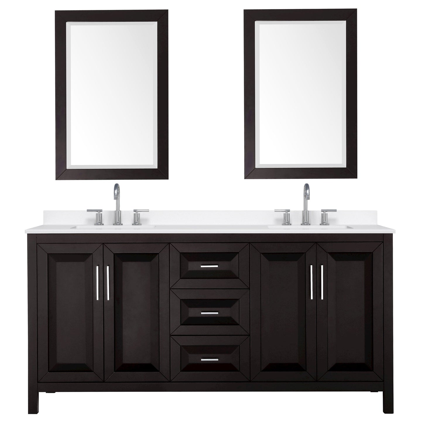Wyndham Collection Daria 72" Double Bathroom Vanity in Dark Espresso, White Quartz Countertop, Undermount Square Sinks (3-Hole), Polished Chrome Trim, 24" Mirrors