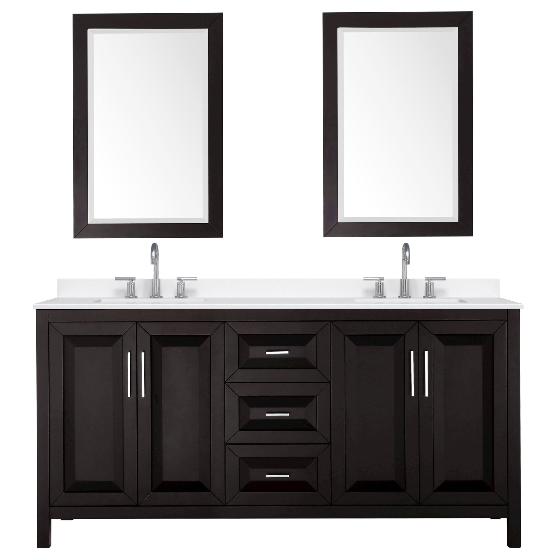 Wyndham Collection Daria 72" Double Bathroom Vanity in Dark Espresso, White Quartz Countertop, Undermount Square Sinks (3-Hole), Polished Chrome Trim, 24" Mirrors