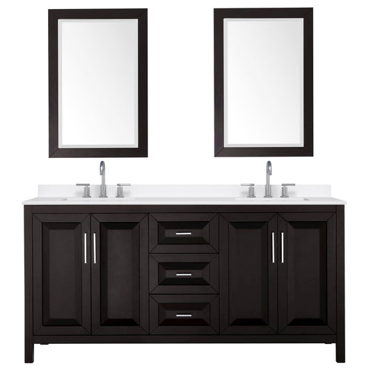 Wyndham Collection Daria 72" Double Bathroom Vanity in Dark Espresso, White Quartz Countertop, Undermount Square Sinks (3-Hole), Polished Chrome Trim, 24" Mirrors