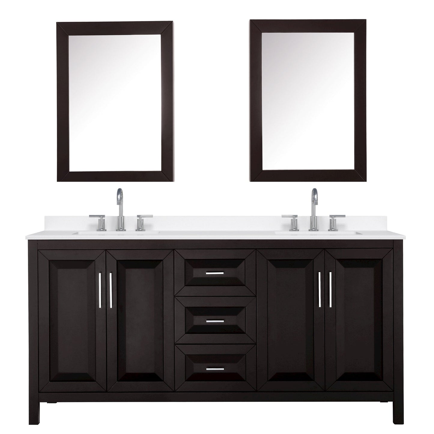 Wyndham Collection Daria 72" Double Bathroom Vanity in Dark Espresso, White Quartz Countertop, Undermount Square Sinks (3-Hole), Polished Chrome Trim, Medicine Cabinets