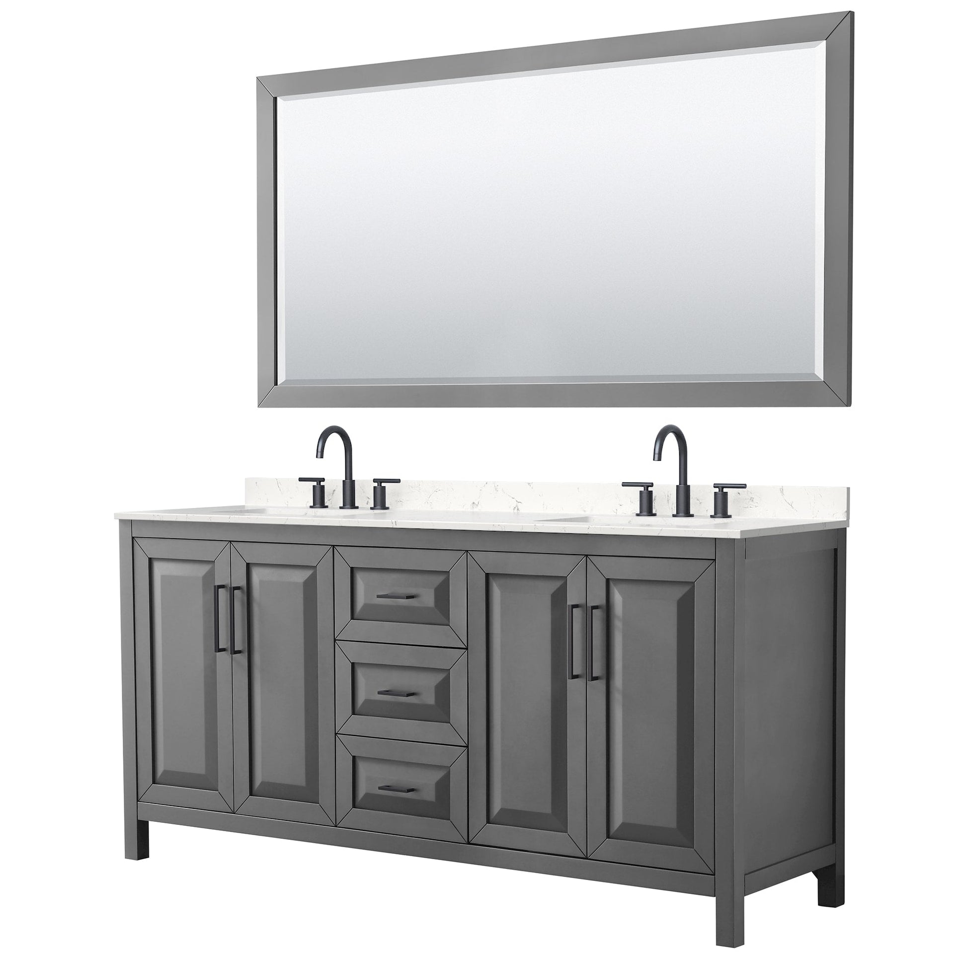 Wyndham Collection Daria 72" Double Bathroom Vanity in Dark Gray, Carrara Cultured Marble Countertop, Undermount Square Sinks (3-Hole), Matte Black Trim, 70" Mirror