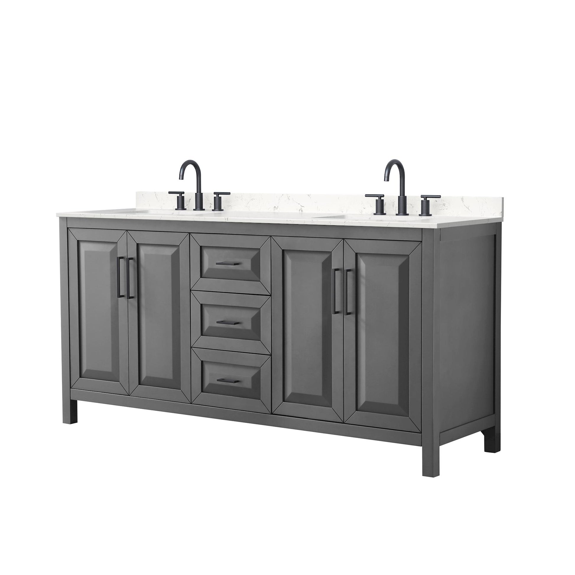 Wyndham Collection Daria 72" Double Bathroom Vanity in Dark Gray, Carrara Cultured Marble Countertop, Undermount Square Sinks (3-Hole), Matte Black Trim