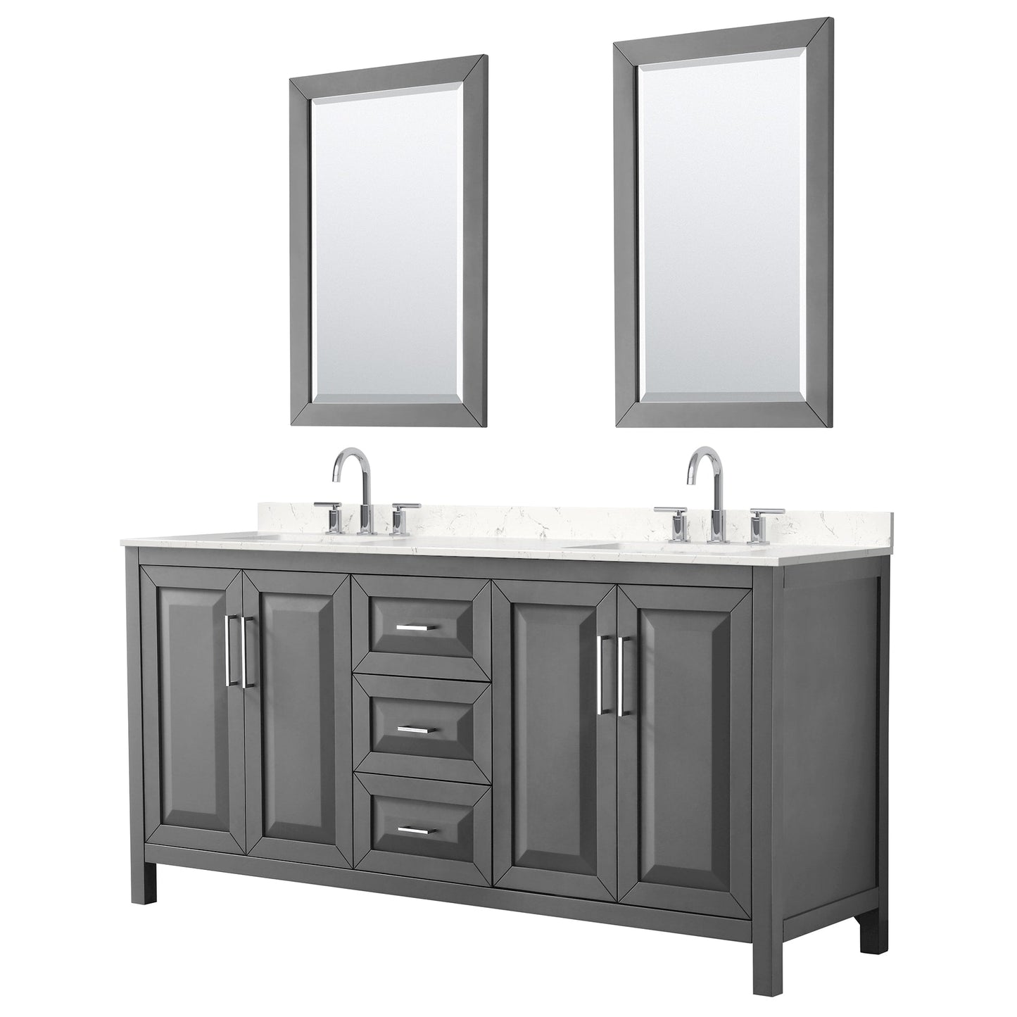 Wyndham Collection Daria 72" Double Bathroom Vanity in Dark Gray, Carrara Cultured Marble Countertop, Undermount Square Sinks (3-Hole), Polished Chrome Trim, 24" Mirrors
