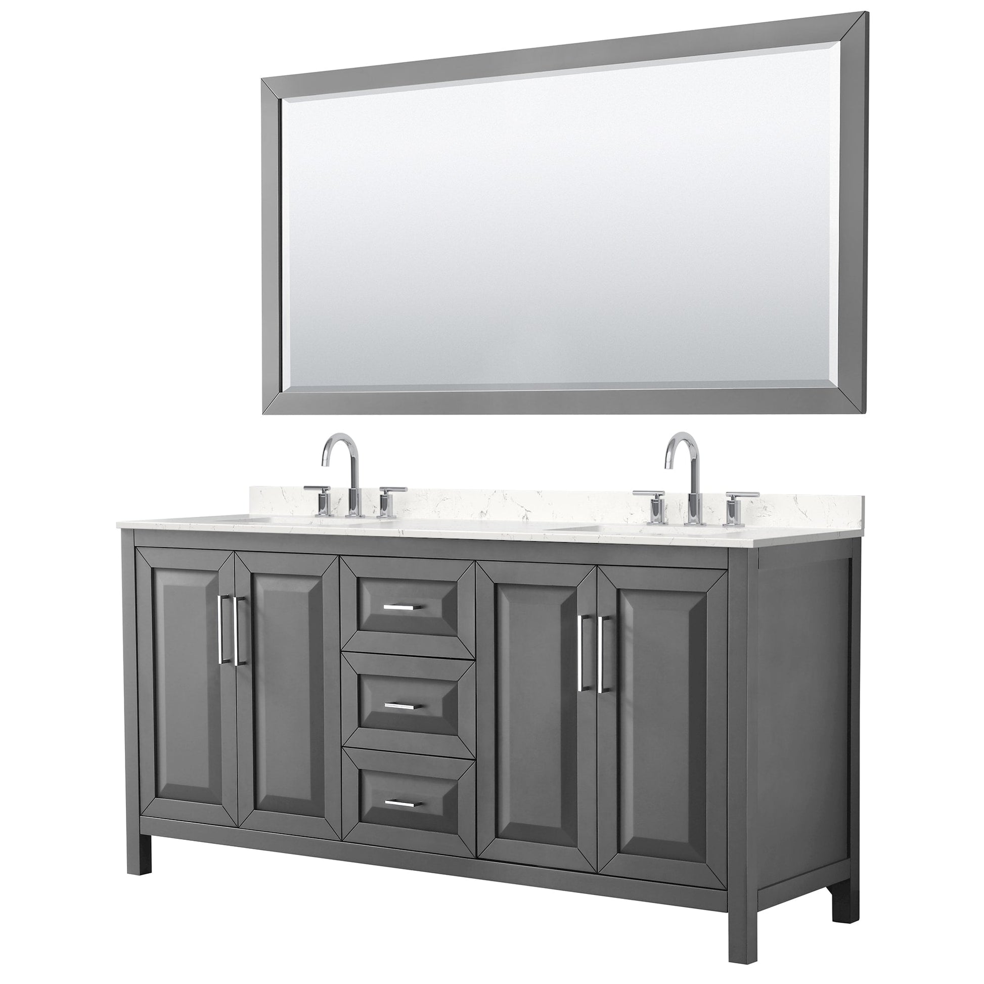 Wyndham Collection Daria 72" Double Bathroom Vanity in Dark Gray, Carrara Cultured Marble Countertop, Undermount Square Sinks (3-Hole), Polished Chrome Trim, 70" Mirror