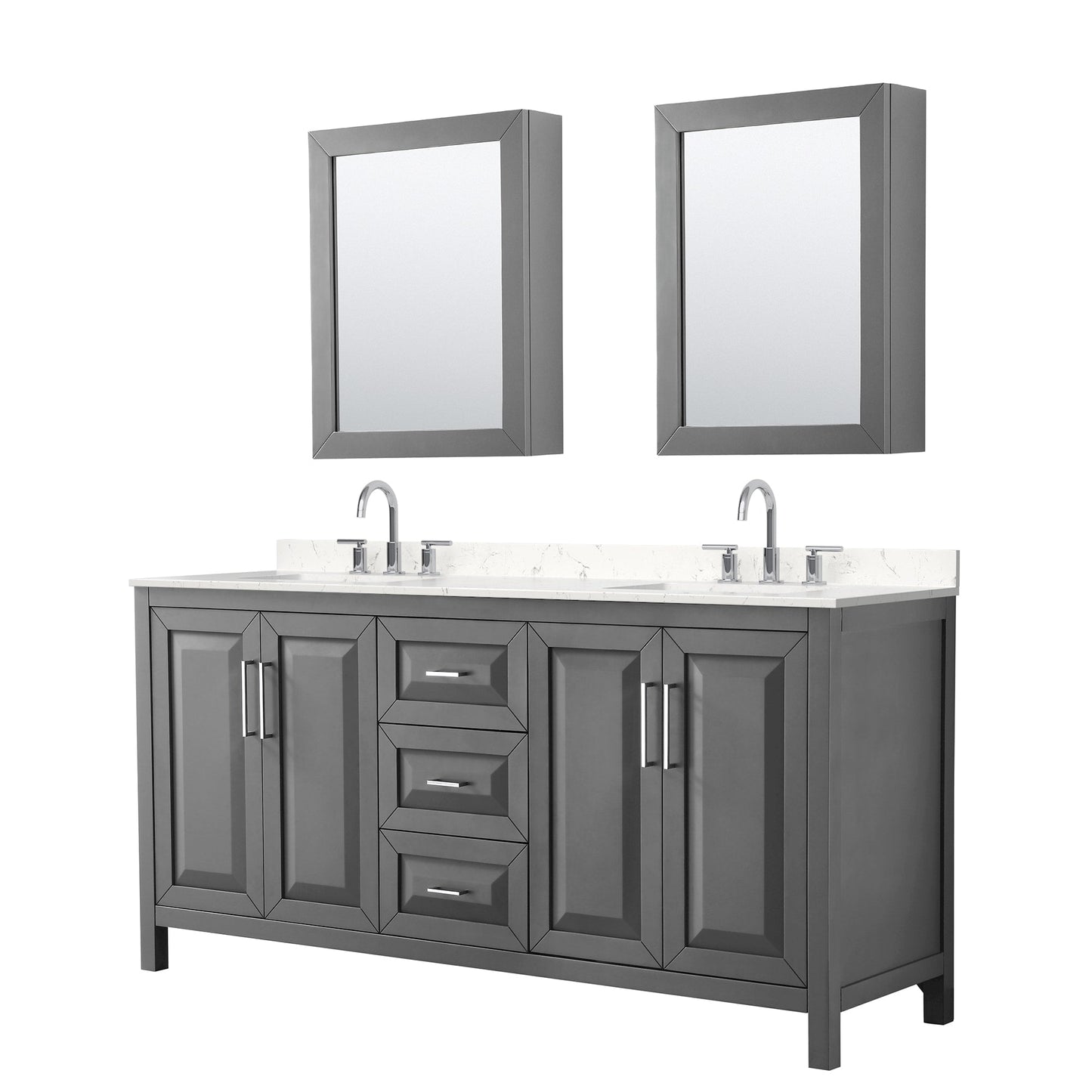 Wyndham Collection Daria 72" Double Bathroom Vanity in Dark Gray, Carrara Cultured Marble Countertop, Undermount Square Sinks (3-Hole), Polished Chrome Trim, Medicine Cabinets